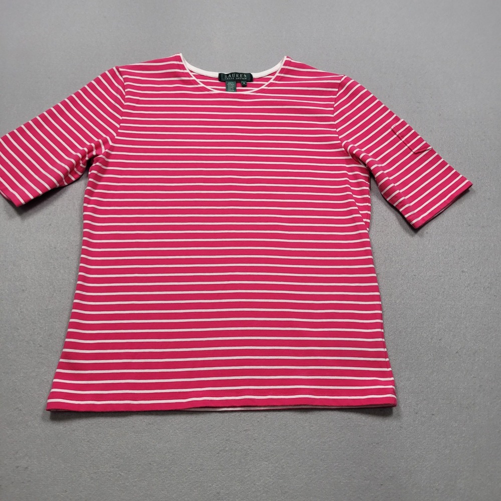 Lauren Ralph Lauren Pink White Striped Short Sleeve Pocket Tee M